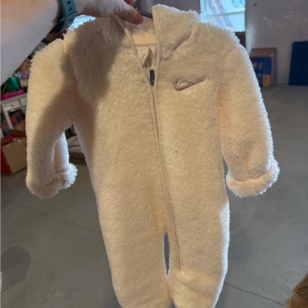 Nike Cream Plush Fleece Baby Footed One-Piece with Hood